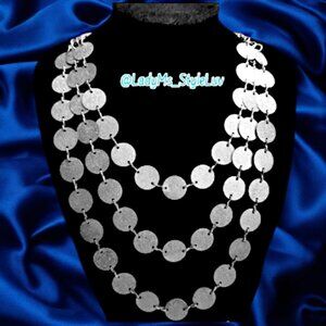 Women's Triple Layer Chain Necklace with Tiny Frosted Silver Tone Coin Design